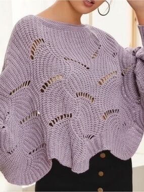 Anthropologie Elodie Lilac Open-Knit Scallop Dolman Sweater